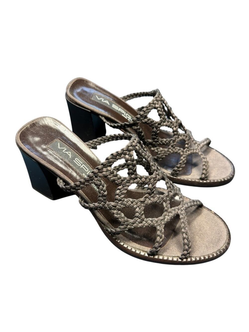 Vintage 90s Via Spiga Brown Braided Leather Strap Block Heel Sandals Size 7.5